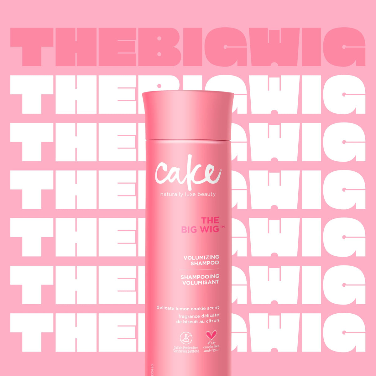Cake Beauty Big Wig close-up of pump and label, highlights easy dispensing benefit