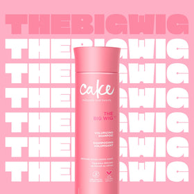 Cake Beauty Big Wig close-up of pump and label, highlights easy dispensing benefit
