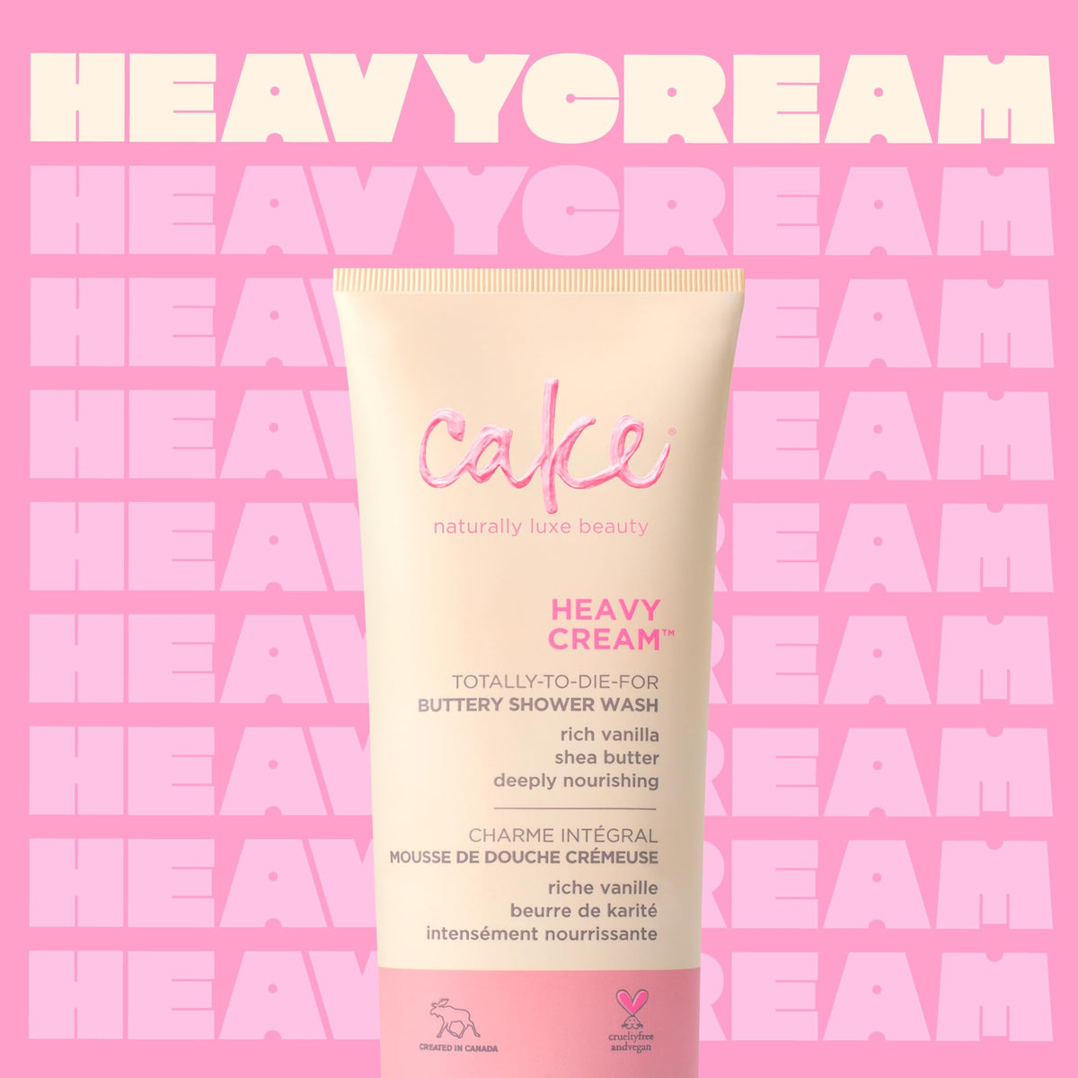 Cake Beauty buttery shower wash pouring from bottle, demonstrates creamy texture benefit