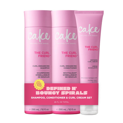 Cake Beauty front packaging of curl defining shampoo conditioner cream set showing trio benefits