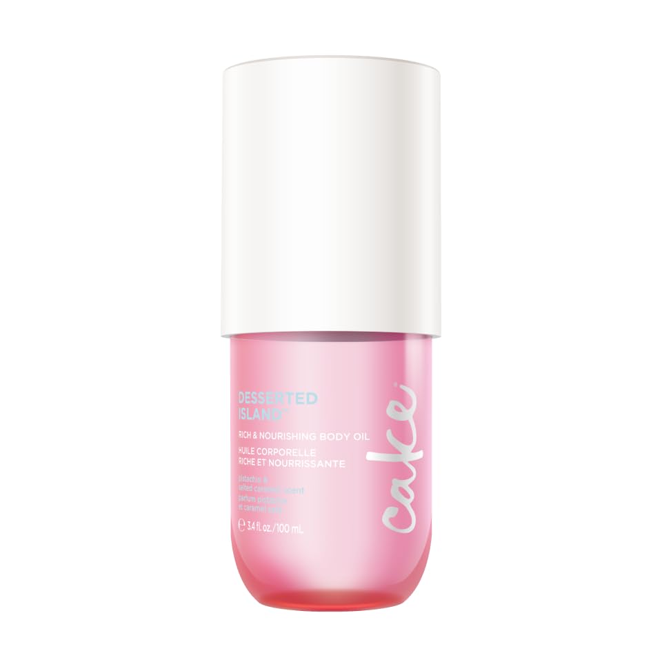 Cake Beauty bottle front view showing Desserted Island oil and inviting glow