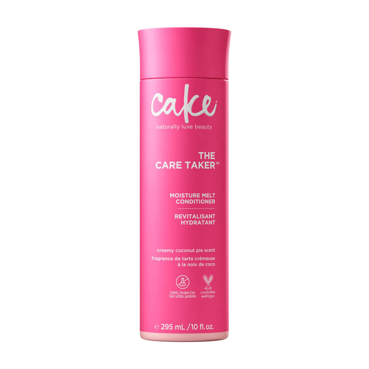 Cake Beauty front bottle shot showing label and 296 ml size, highlights moisturizing benefit