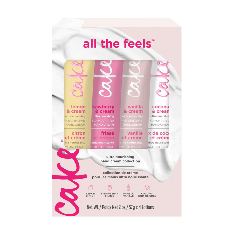 Cake Beauty front packaging showing all four scented hand cream tubes and pretty gift-ready design
