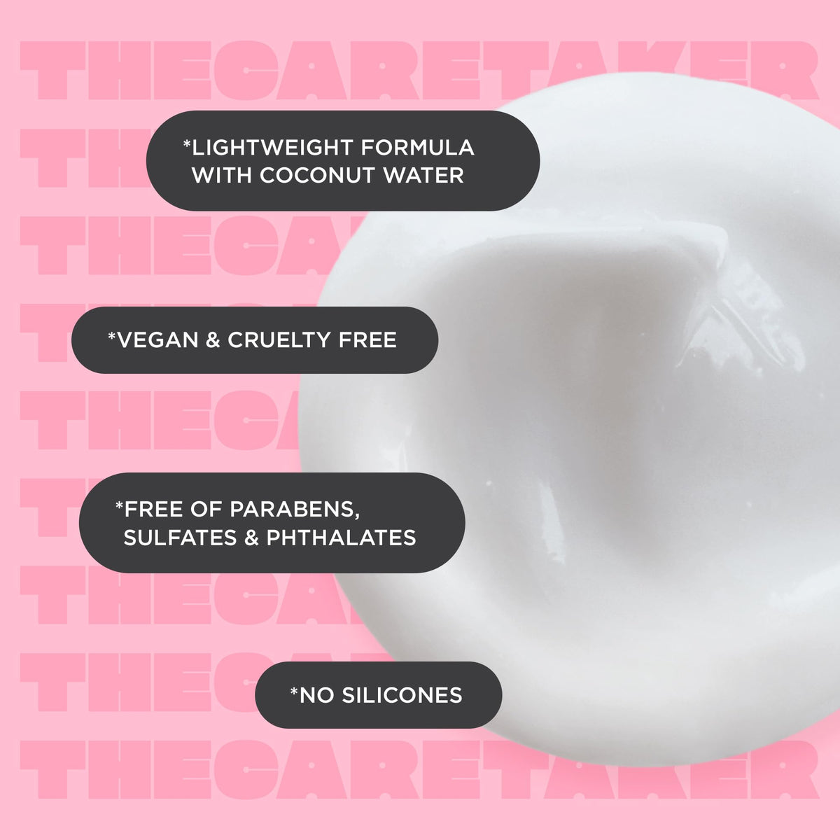 Cake Beauty product label close-up highlighting coconut water, hyaluronic acid and shea butter