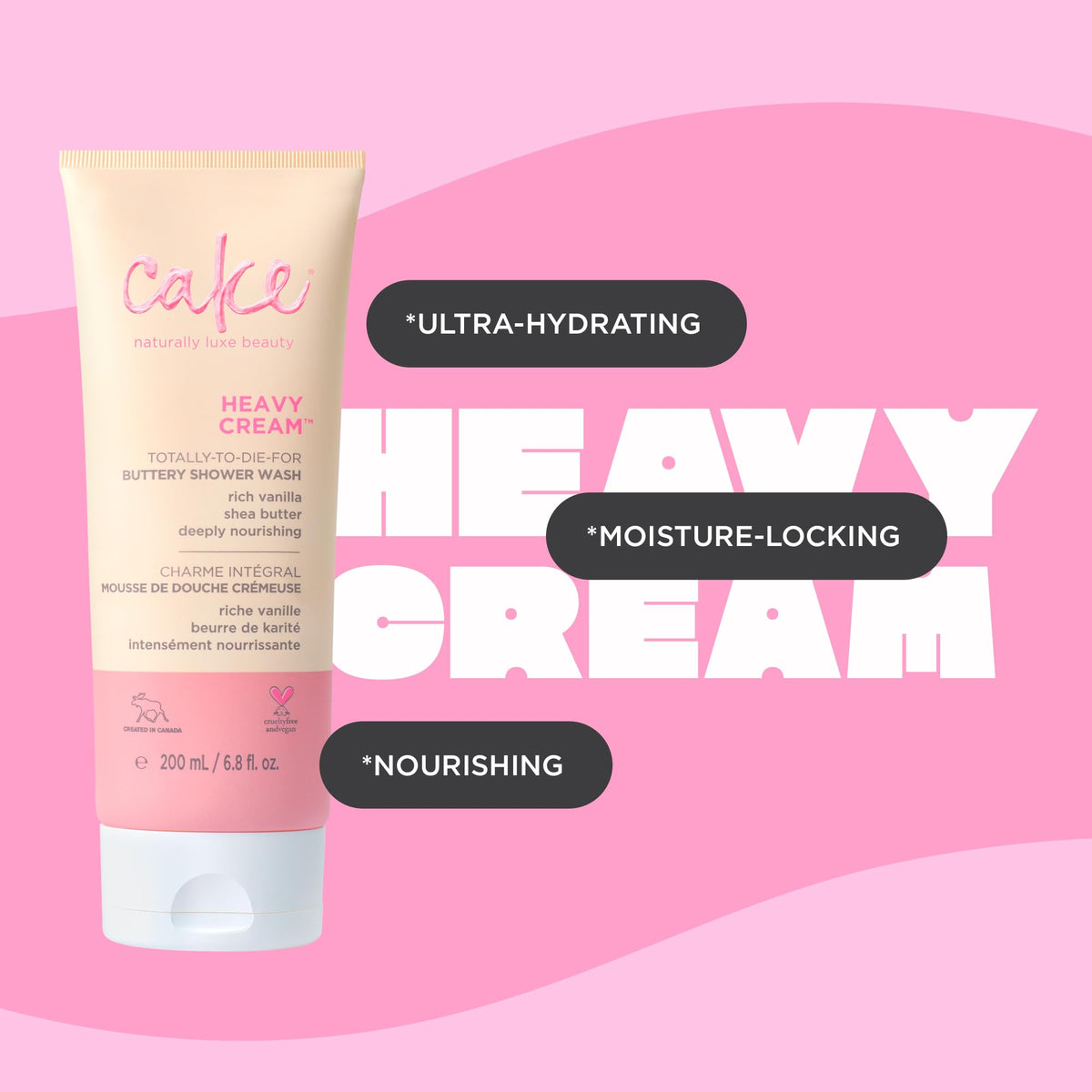 Cake Beauty 7 oz bottle next to travel items, indicates convenient portable size
