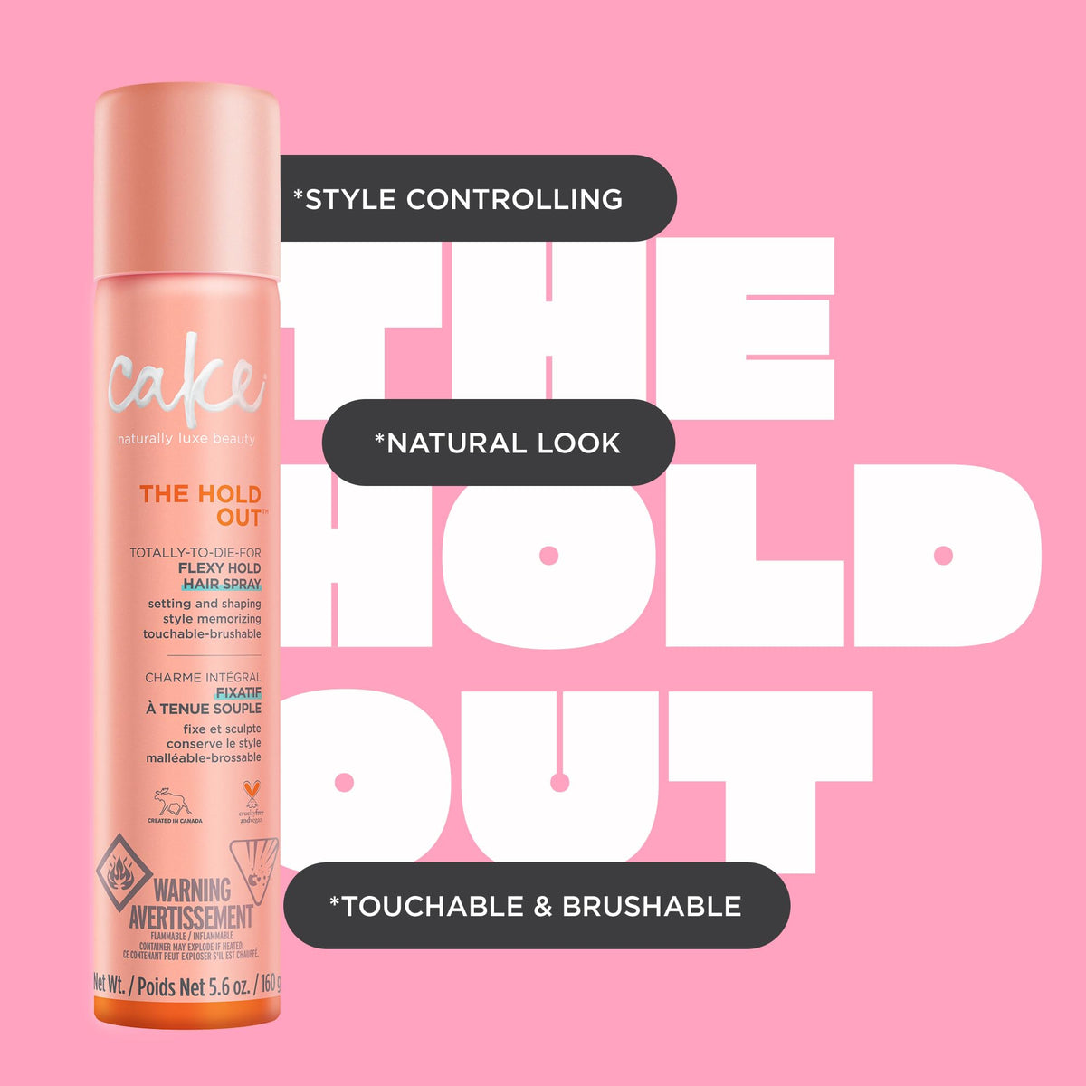 Cake Beauty can held in hand displaying 5.6 oz portable styling benefit