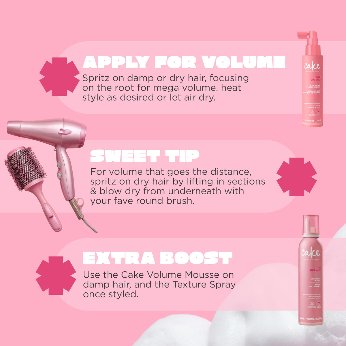 Cake Beauty mist on hair near roots illustrating lift and touchable texture benefit