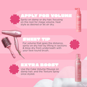 Cake Beauty mist on hair near roots illustrating lift and touchable texture benefit