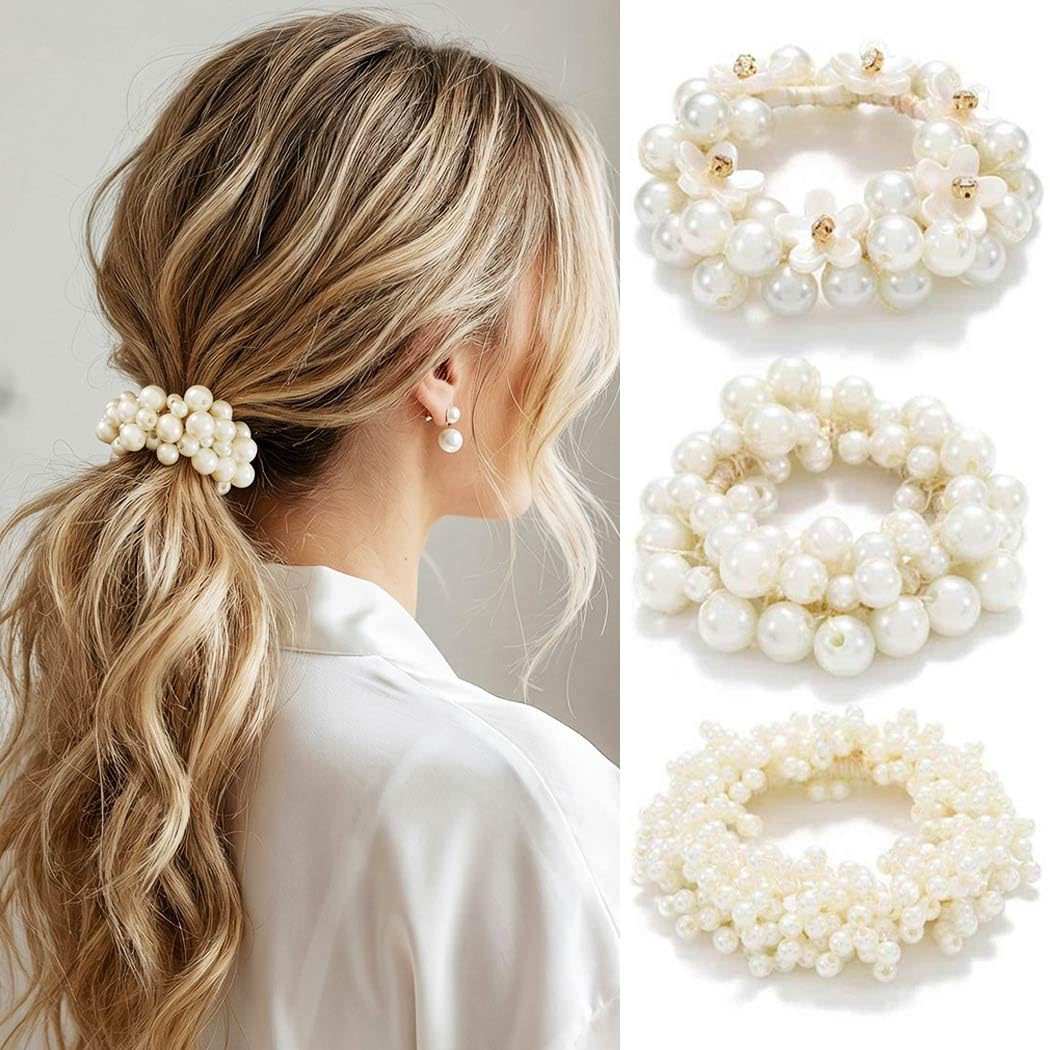 CAKURE front view of three white pearl hair ties, elegant accessory