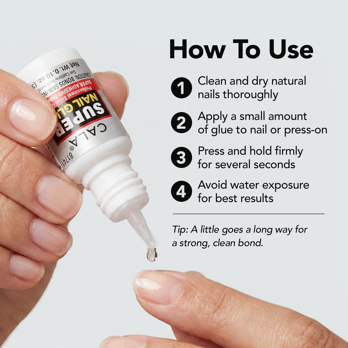 CALA glue droplet on a false nail tip illustrating quick-set bond for fast application