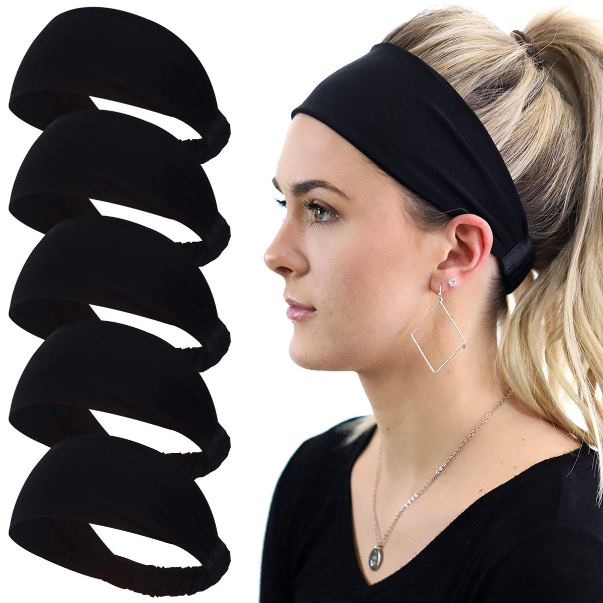 Calbeing front view of five black headbands showing minimalist pack and practical value