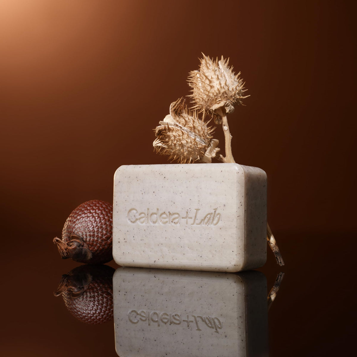 Caldera + Lab body bar on bathroom shelf styled to show spa-like routine