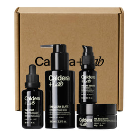 Caldera + Lab front packaging showing all four products and clear routine benefits