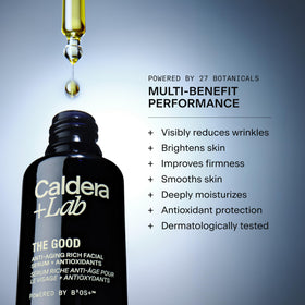 Caldera + Lab night serum dropper releasing a precise dose for targeted overnight treatment