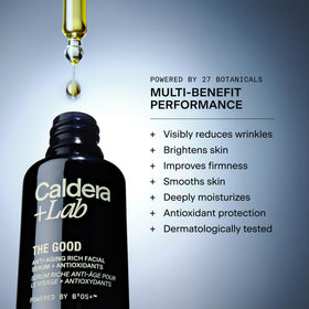 Caldera + Lab night serum dropper closeup showing botanical oil formula for firmness