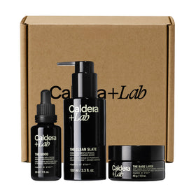 Caldera + Lab front packaging showing full three-step set and branding for easy routine