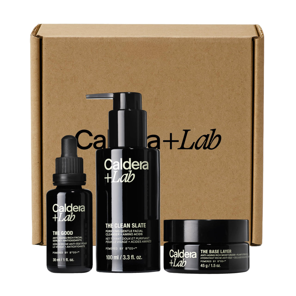 Caldera + Lab front packaging showing full three-step set and branding for easy routine
