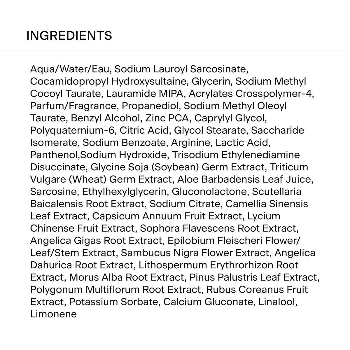 Caldera + Lab ingredients label illustrating botanical components for scalp comfort