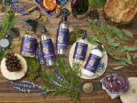 Caldrea bottle staged in a bathroom showing calming scent and countertop appeal