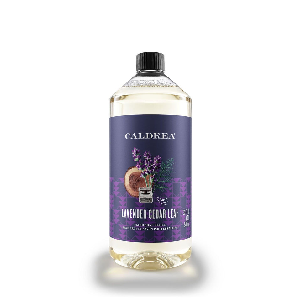 Caldrea front packaging showing lavender cedar leaf fragrance and refill size benefits