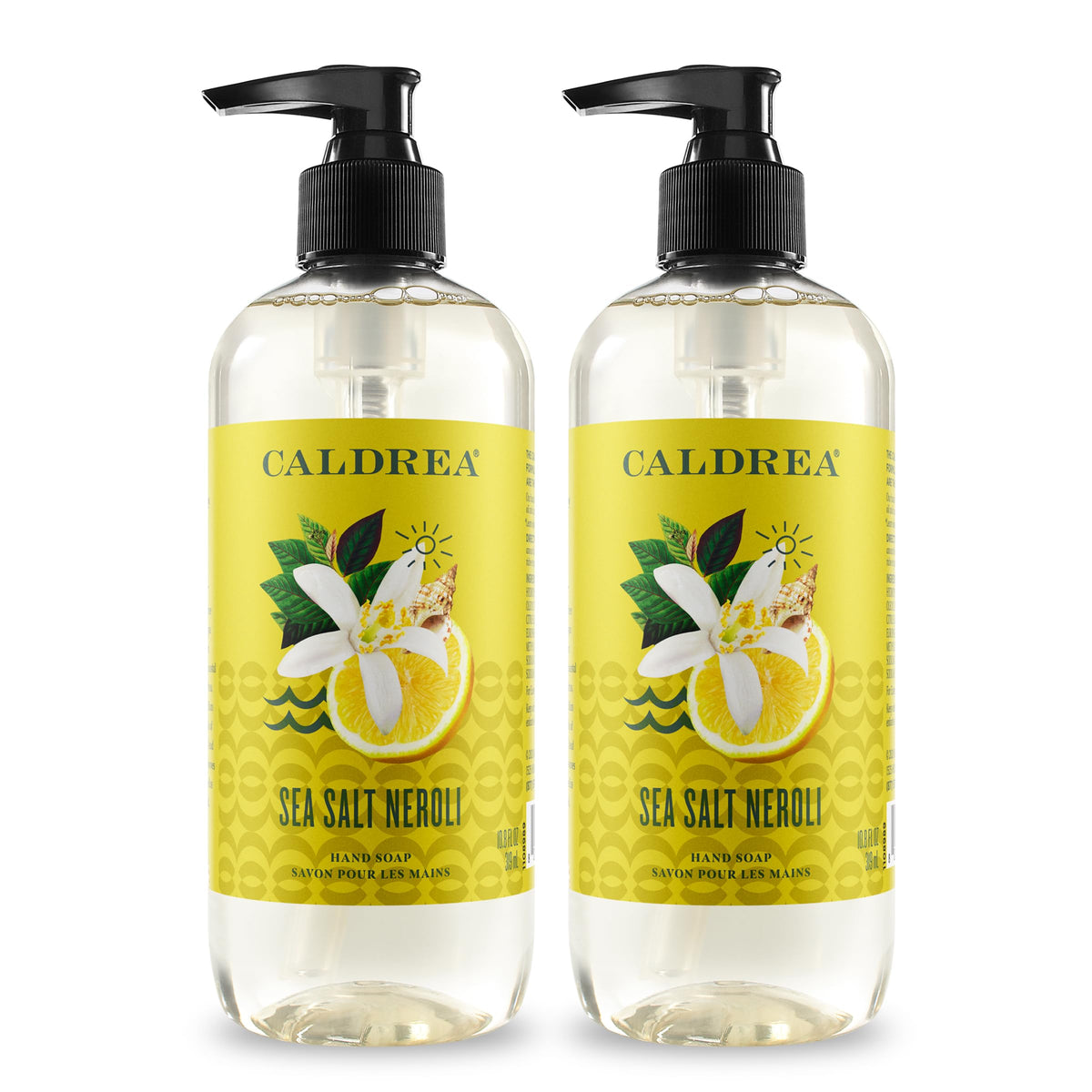 Caldrea front bottle showing sea salt neroli label and gentle moisturizing benefits