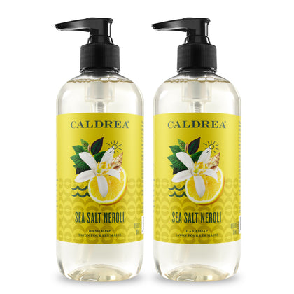 Caldrea front bottle showing sea salt neroli label and gentle moisturizing benefits