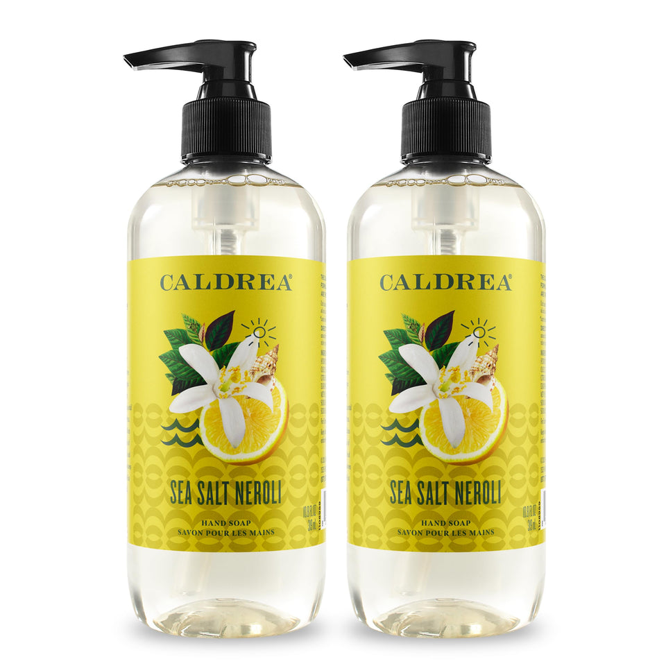 Caldrea front bottle showing sea salt neroli label and gentle moisturizing benefits