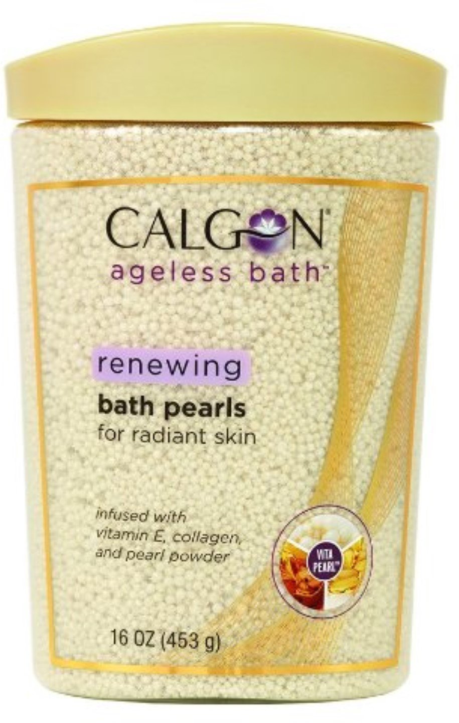 Calgon Ageless Bath Pearls front packaging showing jar and moisturizing benefit