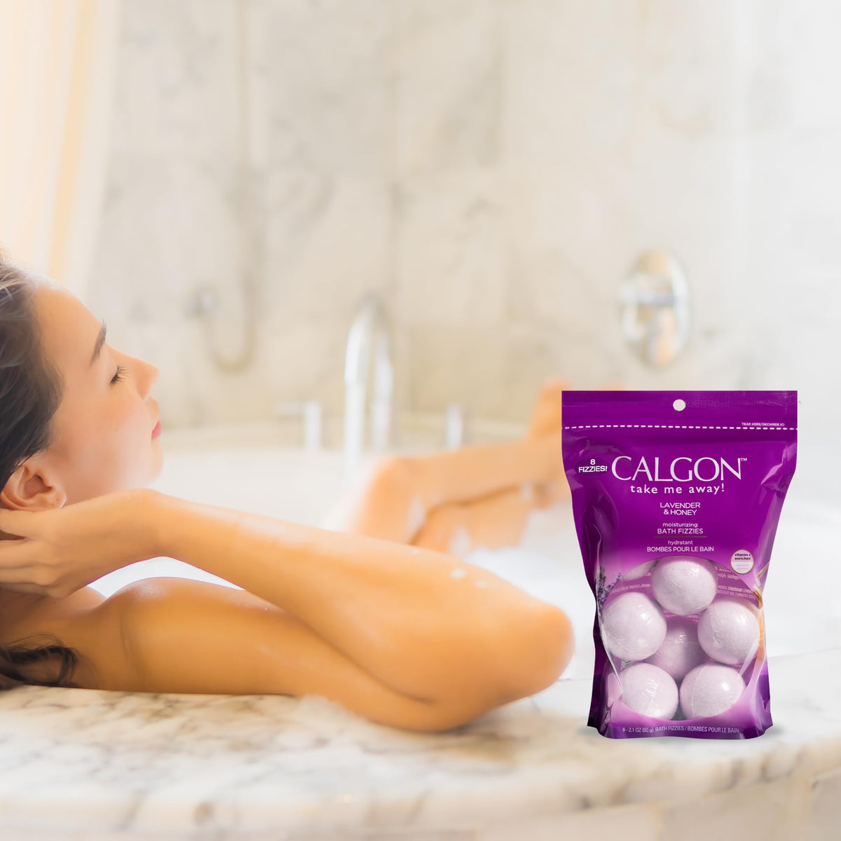 Relaxing bathroom scene with Calgon fizzies used for a calming soak