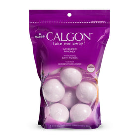Calgon front packaging showing Lavender & Honey bath fizzies and benefits