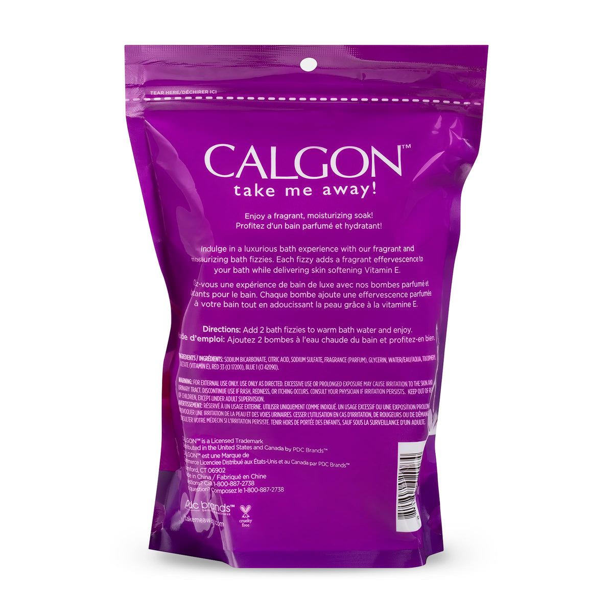Calgon product label highlighting Vitamin E and moisturizing ingredients