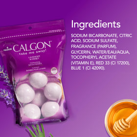 Opened Calgon box displaying eight Lavender & Honey bath fizzies neatly