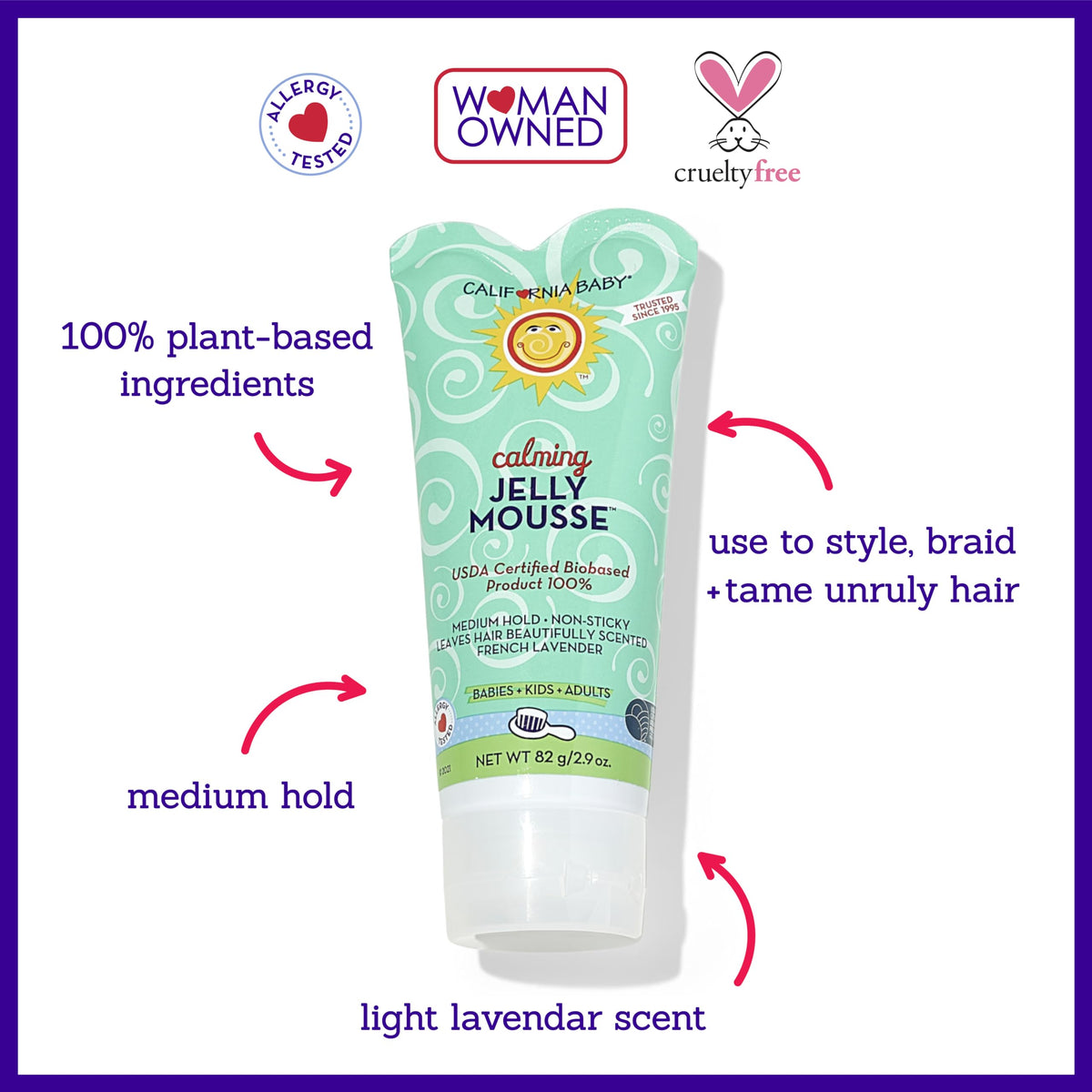 Applying California Baby gel to child's hair for gentle hold and control