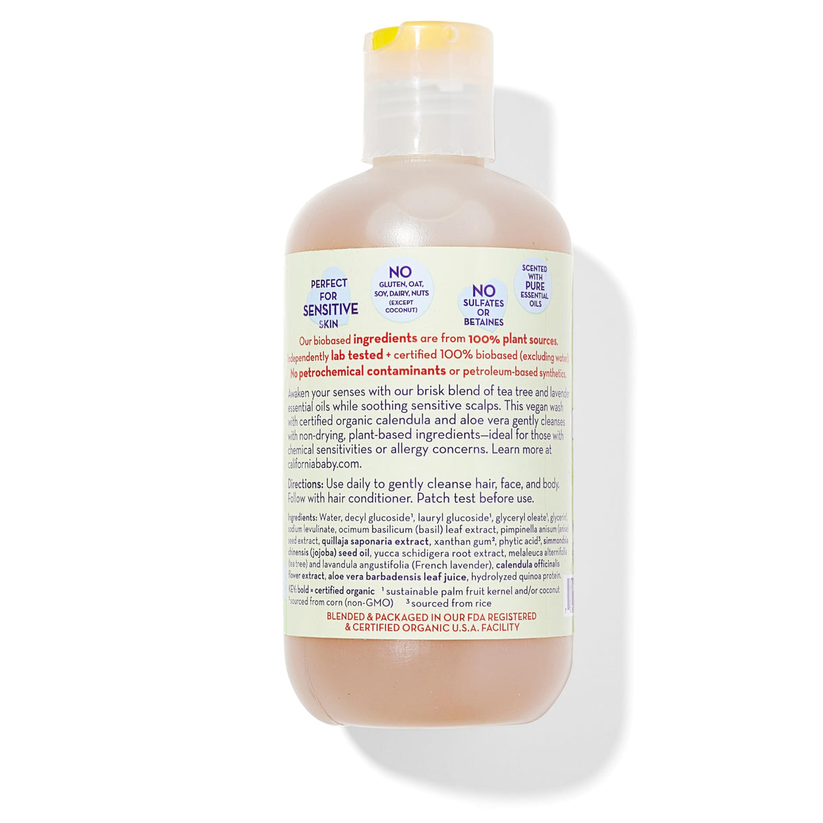 California Baby close-up label highlighting plant-based ingredients and clarity