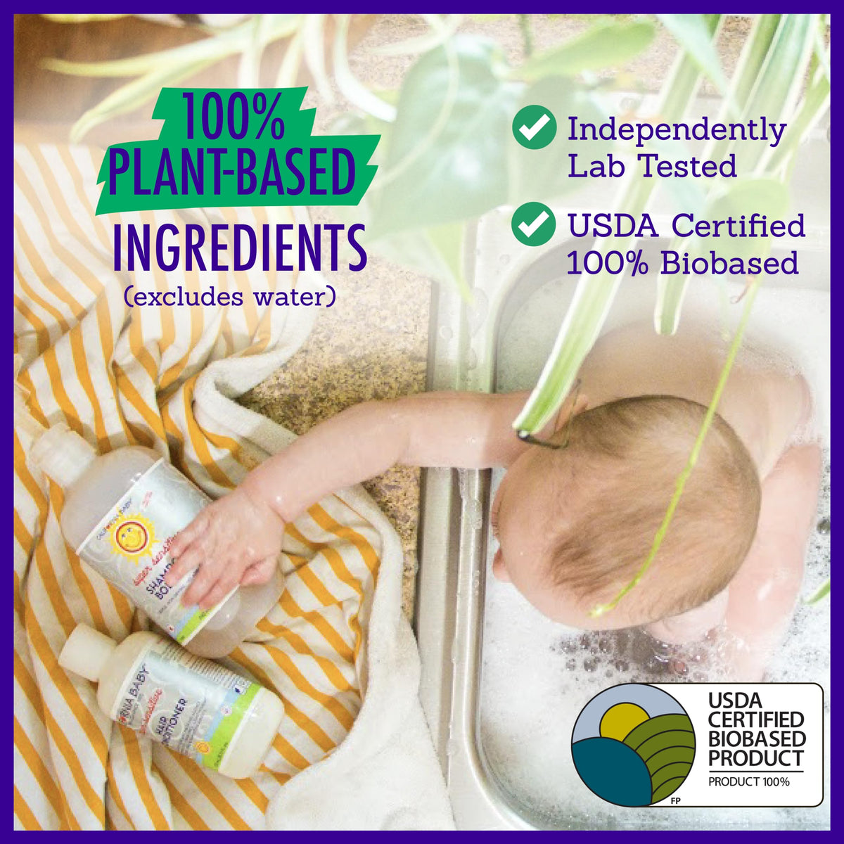 Applying California Baby conditioner in hands to demonstrate easy, gentle application