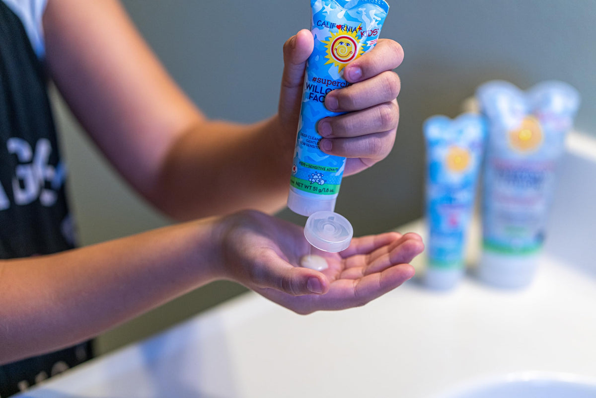 California Baby face wash placed on bathroom counter for daily routine ease
