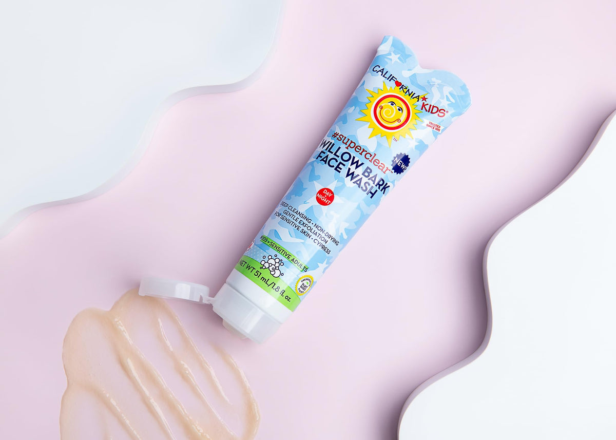 California Baby label close-up showing willow bark salicylic and essential oils
