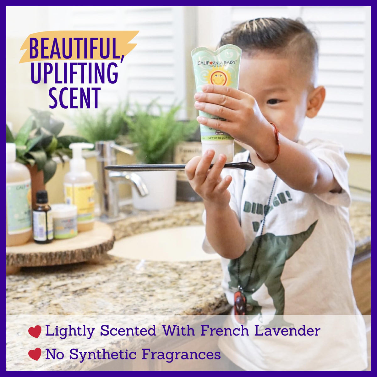 California Baby tube with lavender flowers conveying natural scent and calm