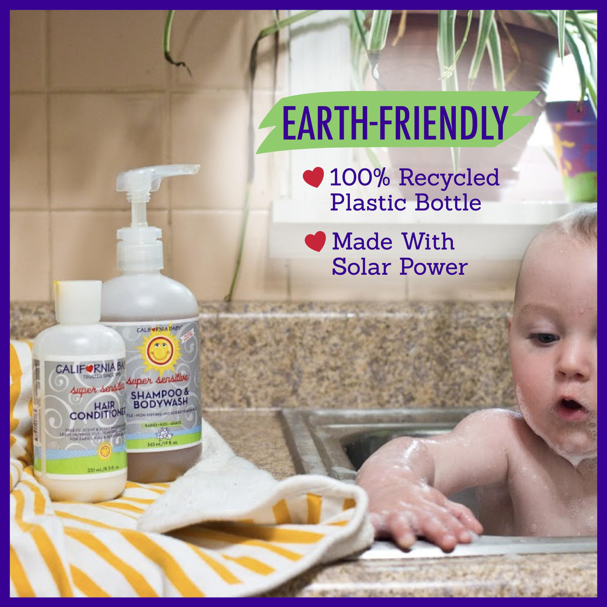 Baby in a bath setting with California Baby bottle nearby showing safe, soothing routine
