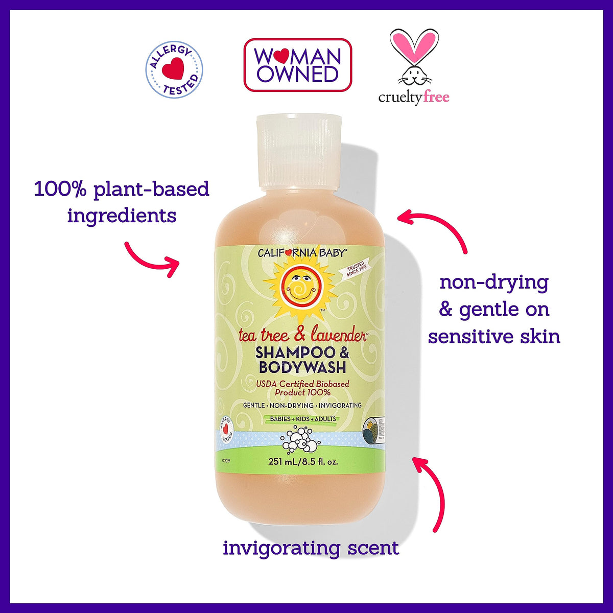 California Baby texture pouring from bottle, smooth lathering benefit