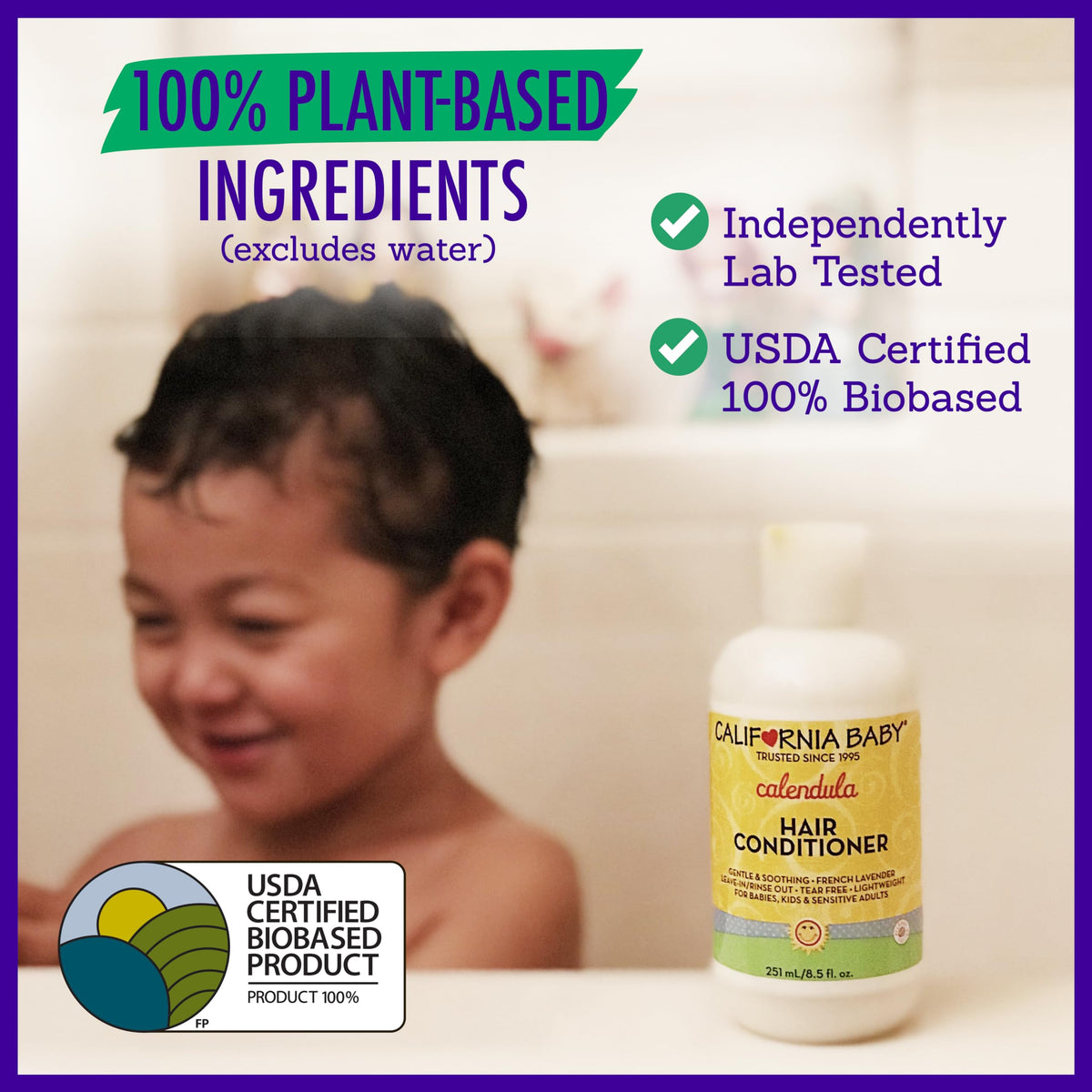 California Baby in-use on child hair demonstrating gentle detangling benefit