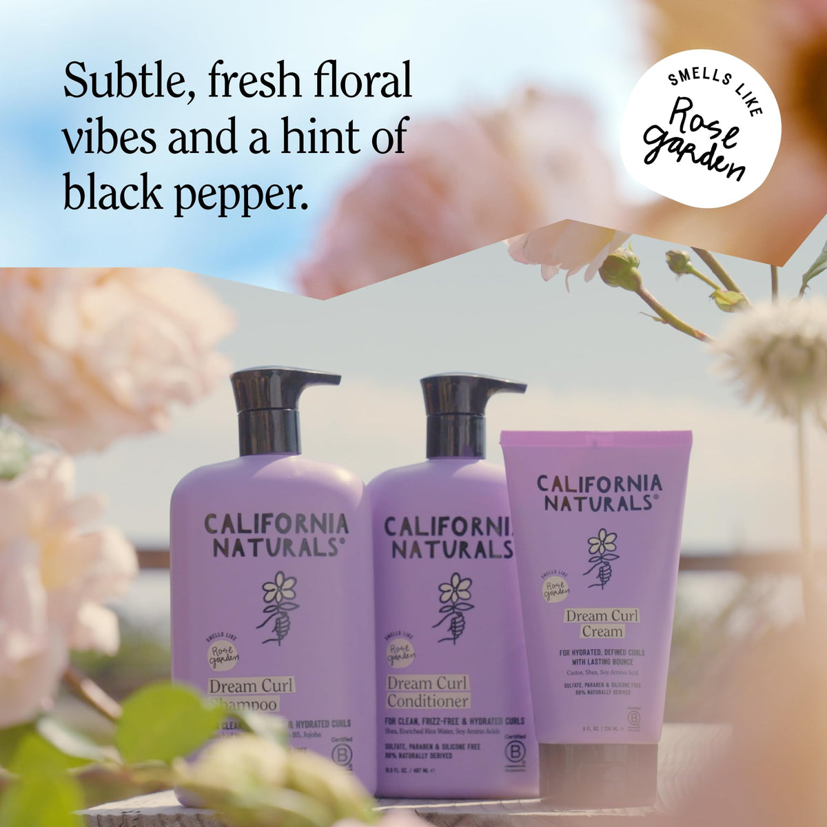 California Naturals product staged in a rose garden lifestyle setting