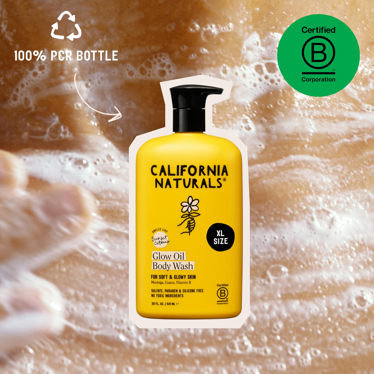California Naturals foamy lather in hand, gentle cleanse and quick rinse