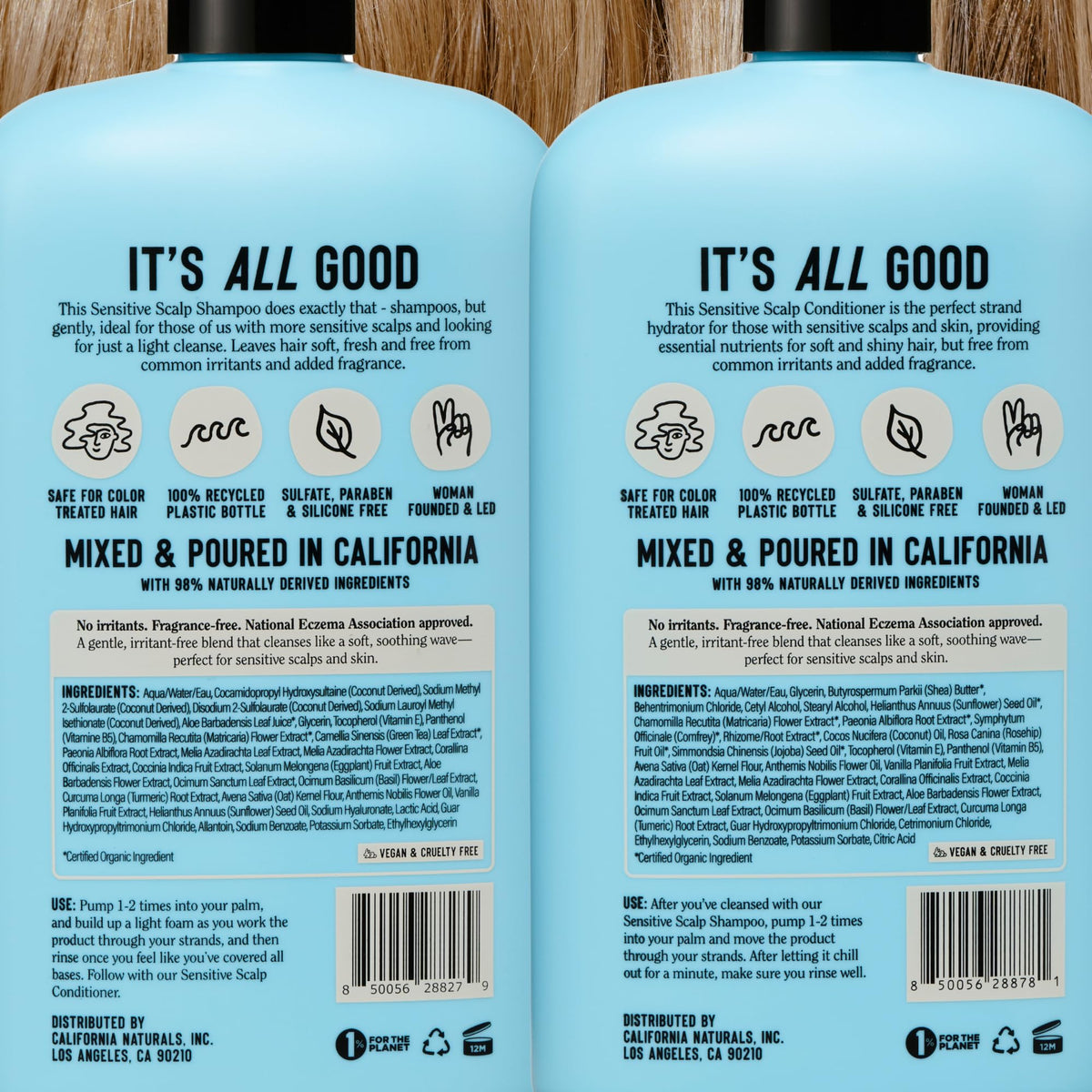California Naturals duo in shower applied to hair illustrating daily use benefit