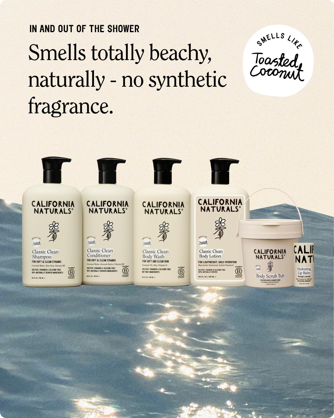 California Naturals label showing ingredients and certifications for clean, cruelty-free care