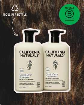 Recycled materials packaging detail with California Naturals logo and eco benefit