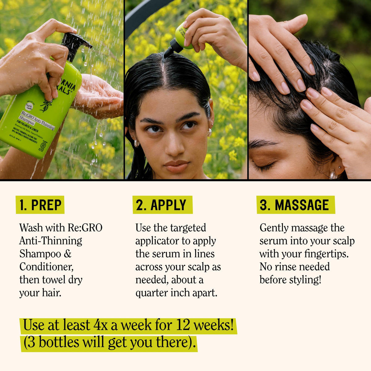 California Naturals serum staged with shampoo and conditioner in routine