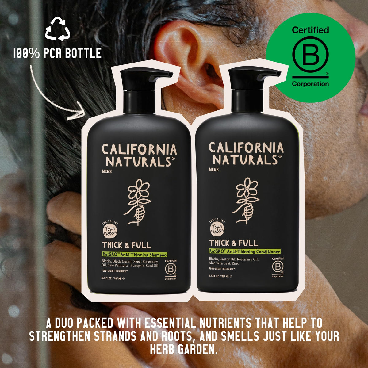 California Naturals botanical close-up with rosemary and caffeine extracts highlighted