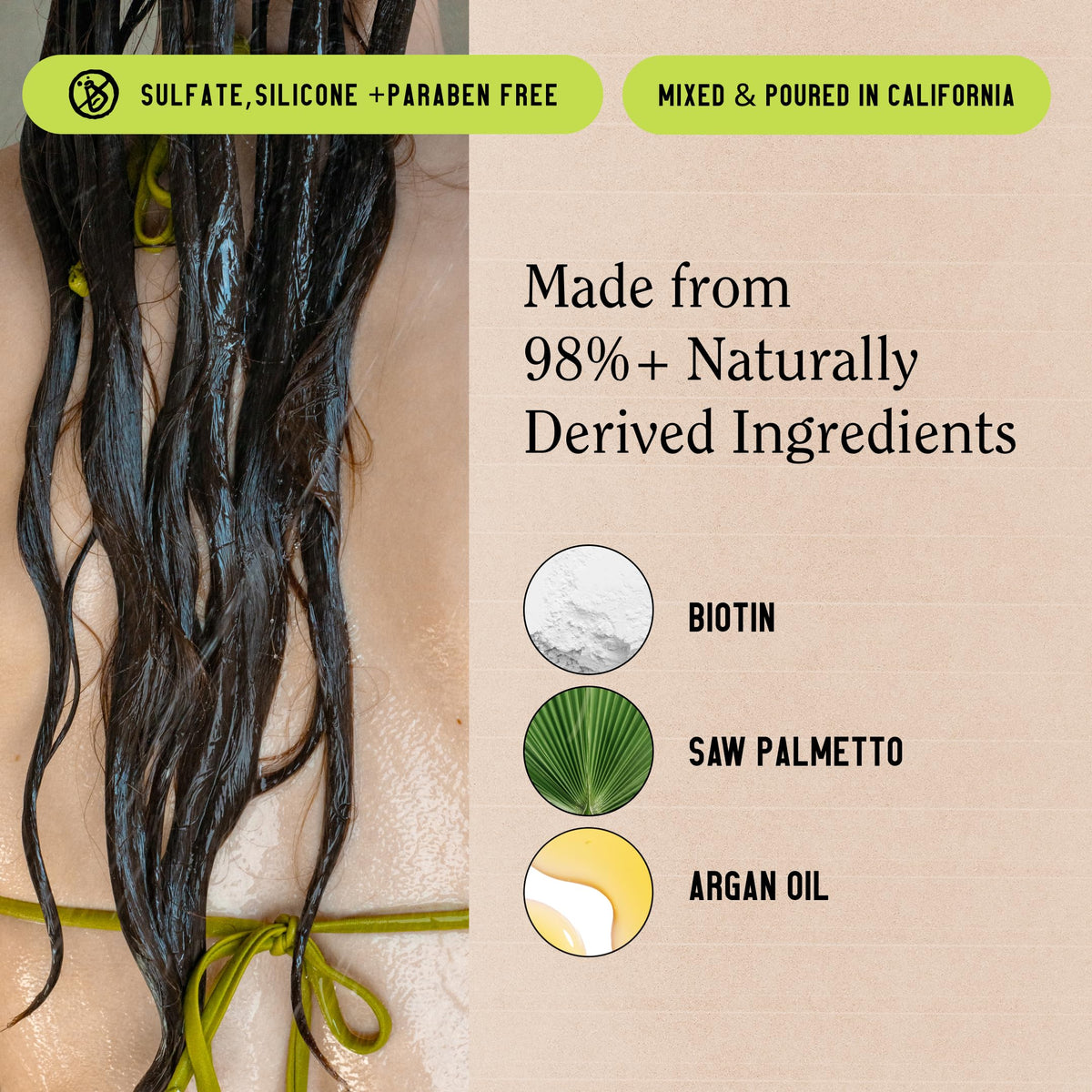 California Naturals Re:GRO ingredient label close-up, highlights natural botanicals and biotin