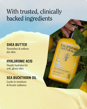 California Naturals lotion texture close-up showing lightweight, fast-absorbing benefit